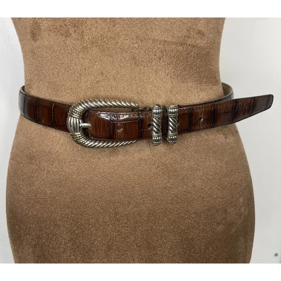 Fossil 90s Western Belt Brown Croc Leather Embossed  2-Tone Buckle Size Small - Picture 1 of 14